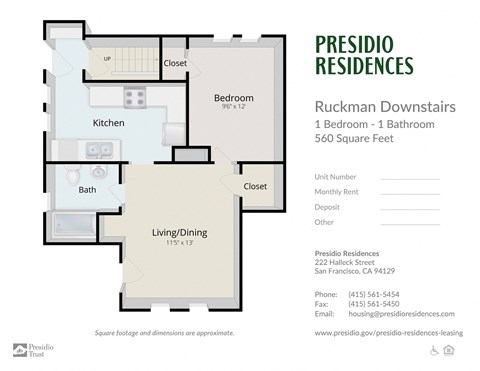Floor plan for 1 bed, 1 bath, 560 sqft